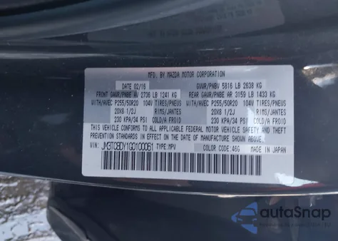 2016 Mazda Cx-9 Grand Touring z USA, uszkodzony, nr VIN JM3TCBDY1G0100061